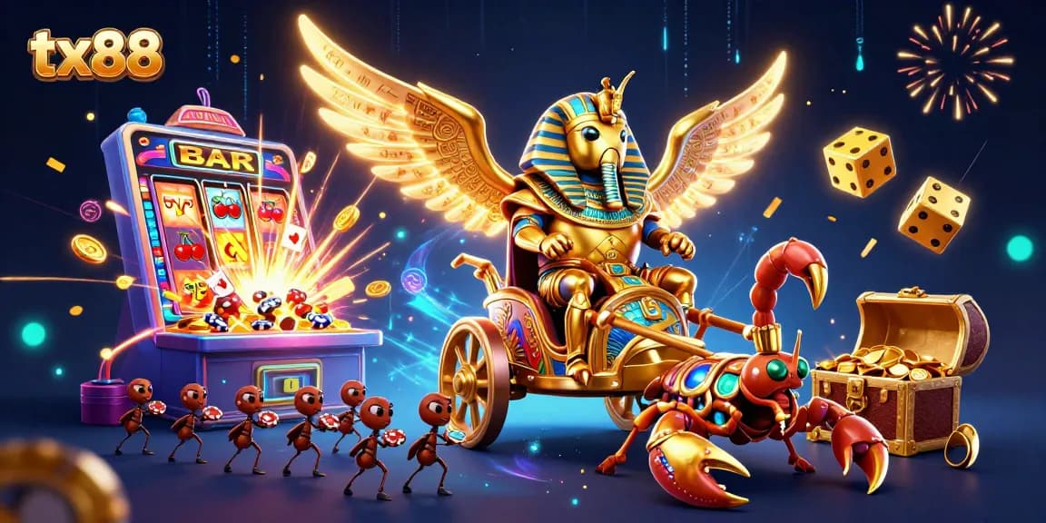 tx88 features thrilling casino action with golden scarab beetle amid dynamic jackpot celebration.