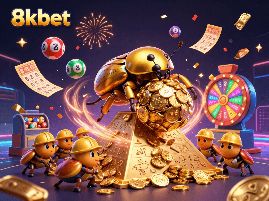 Experience thrilling gaming action at 8kbet illustrated with vibrant gambling elements and golden coins.