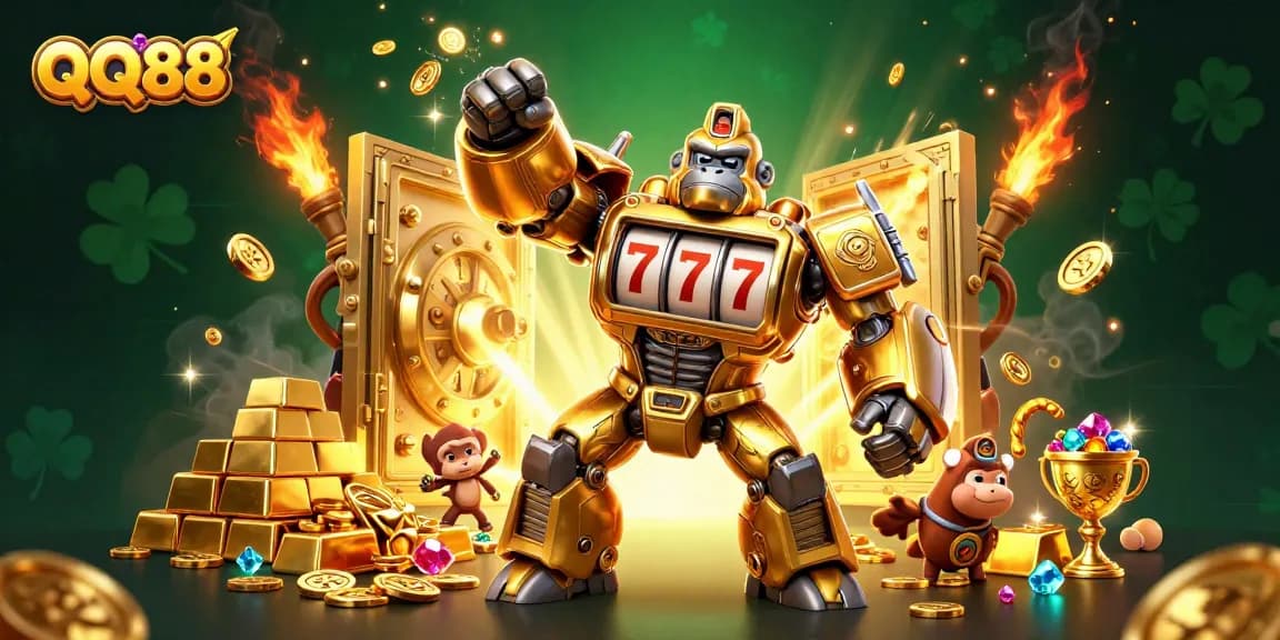 Experience QQ88's dynamic gaming world with a 3D golden gorilla mech amidst riches and excitement.