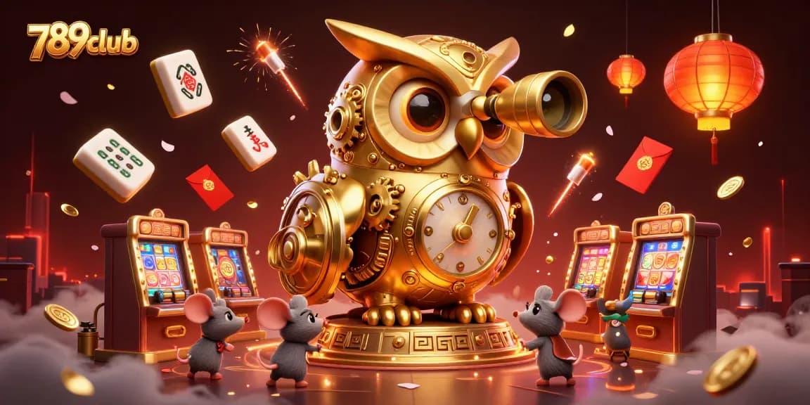 Experience thrilling gameplay at 789club with a clockwork owl scanning the casino floor amidst festive decor.