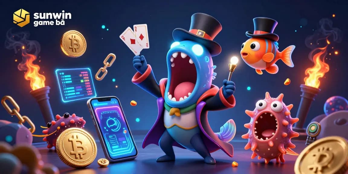 Experience sunwin game bài with a vibrant 3D illustration of ocean creatures performing magical card tricks in a lavish casino backdrop.