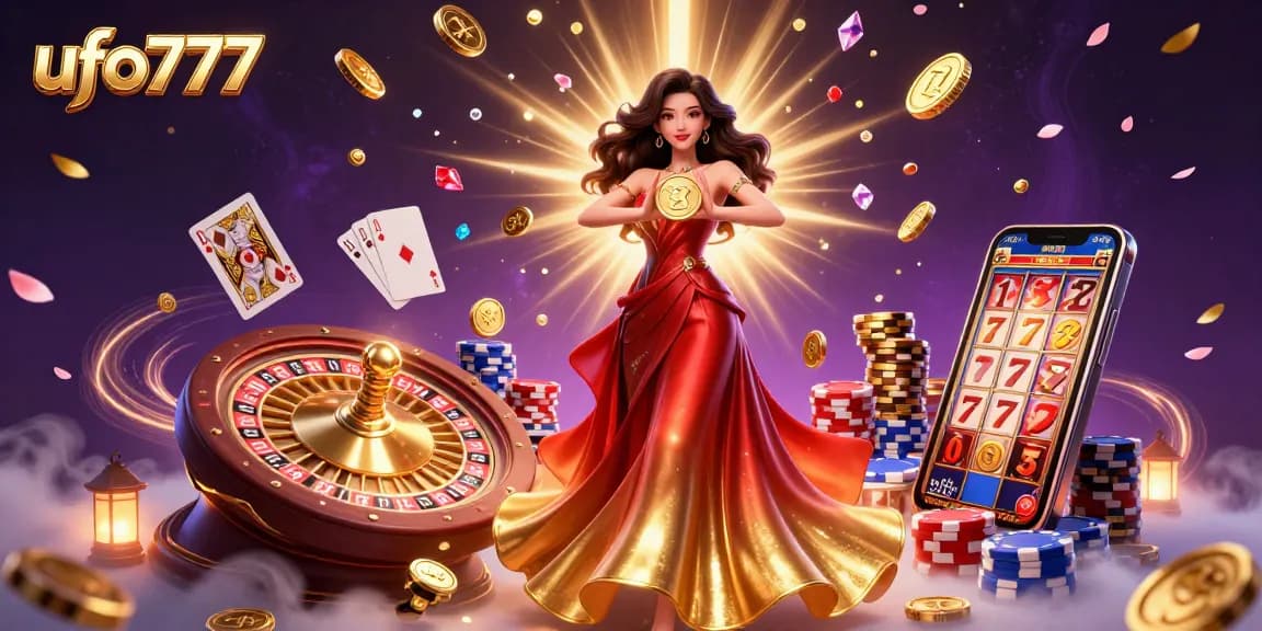 Experience ufo777's thrilling online betting with golden coins, roulette, and vibrant gaming elements.