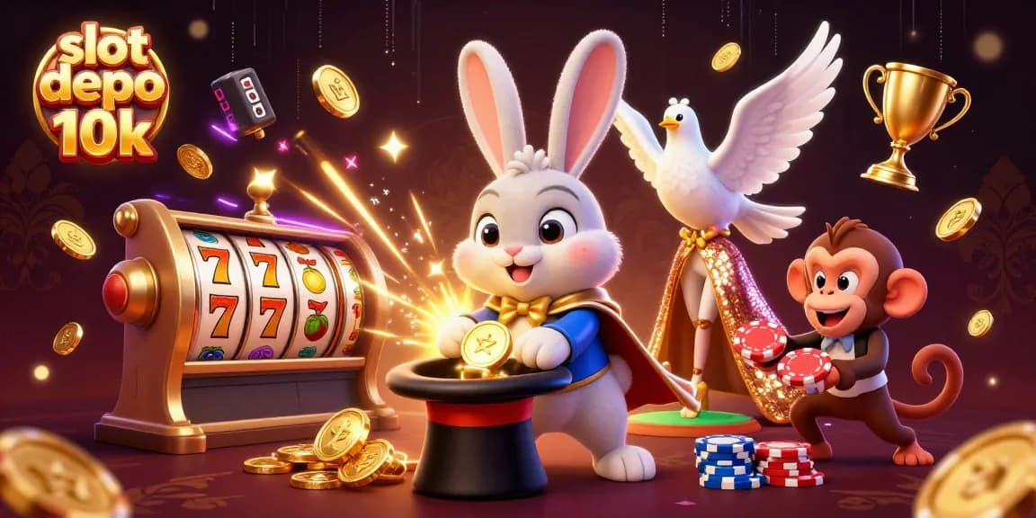 Experience the excitement of slot depo 10k with a dynamic scene of a magician and whimsical characters.