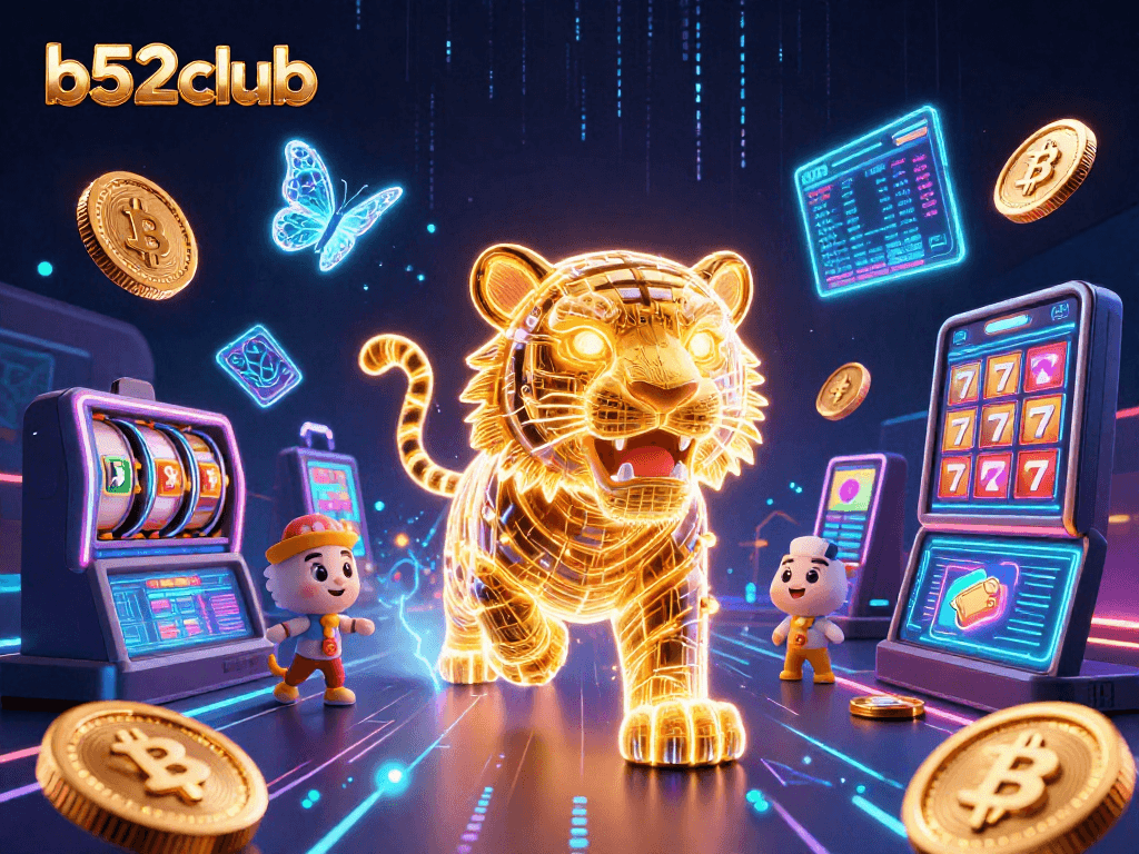 b52club showcases a neon-wireframe tiger amidst a vibrant digital casino landscape, surrounded by crypto coins and slot elements.