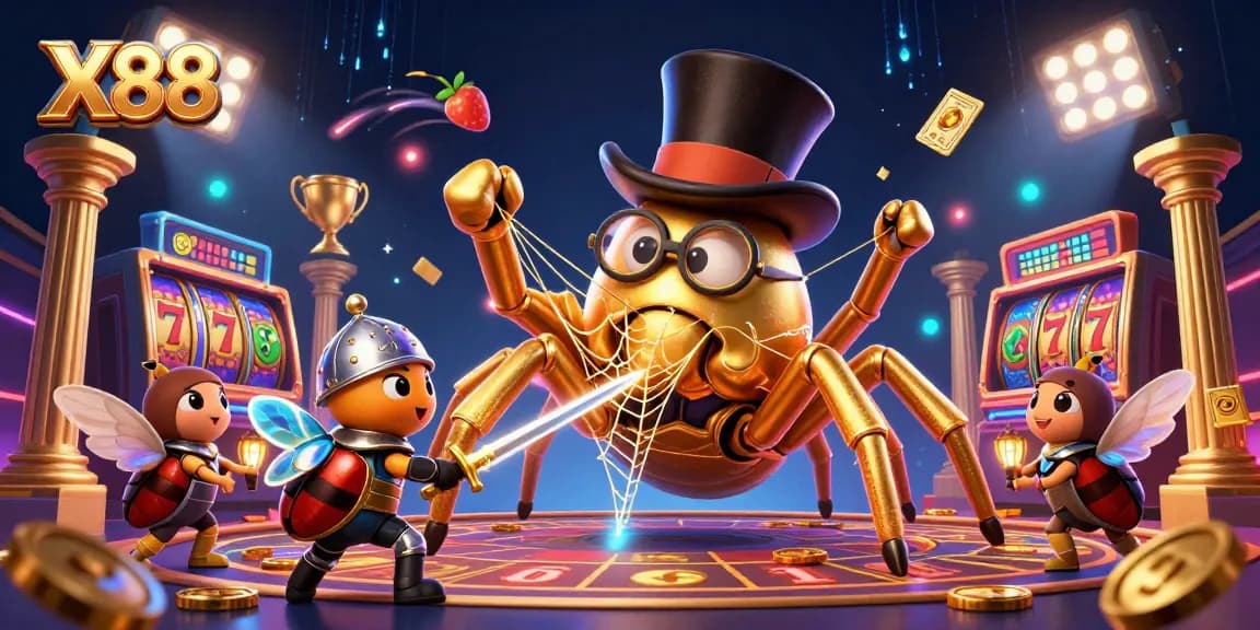 X88 players spinning slot reels and jackpot counters amid a vibrant casino scene