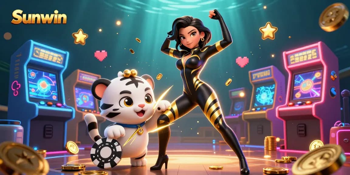 Experience the vibrant world of Sunwin with a stunning casino-themed 3D illustration featuring dynamic gaming action.