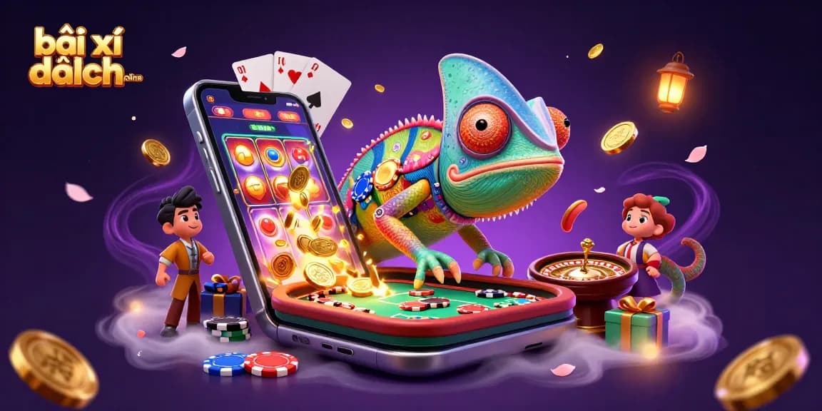 Play bài xì dách online with a vibrant, engaging 3D casino scene filled with game elements and excitement.