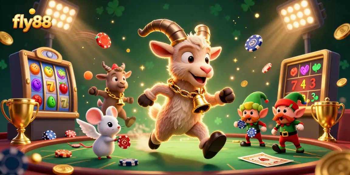 Fly88's lively casino scene features characters and vibrant casino elements showcasing festive gambling excitement.