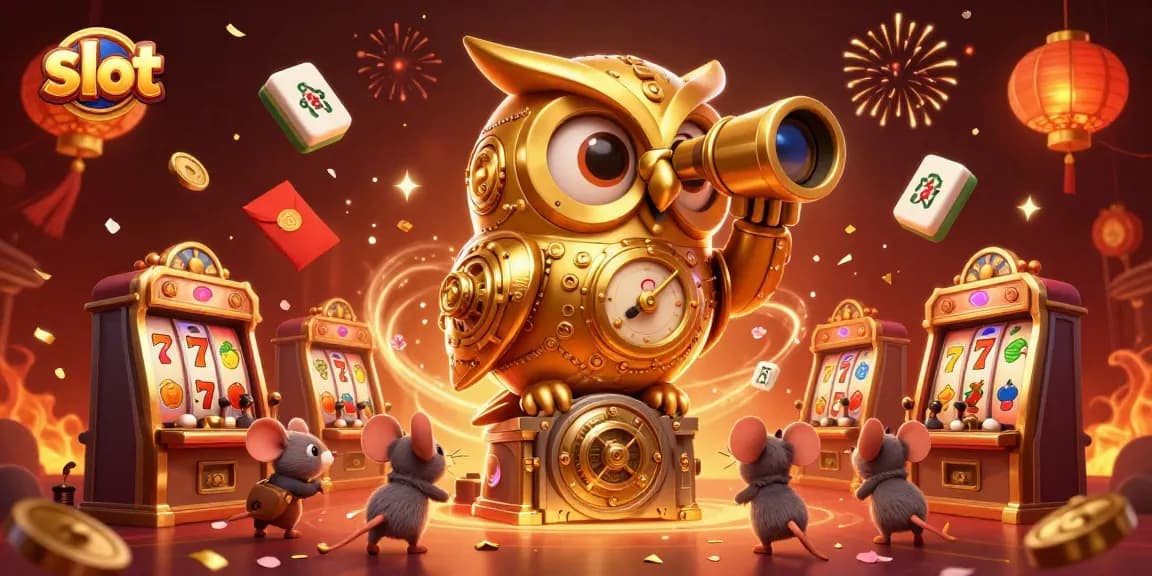 Spin the slot with a whimsical golden owl and mice amid vibrant casino chaos.