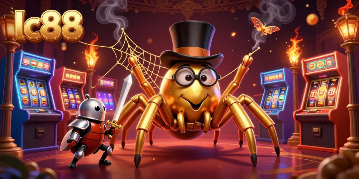 Engage with lc88's thrilling golden tarantula and beetle knight in a vibrant casino scene.