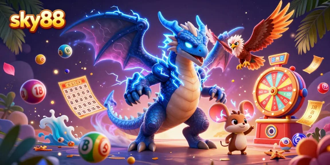 Experience the thrill of sky88 with dynamic lottery elements and vibrant characters.