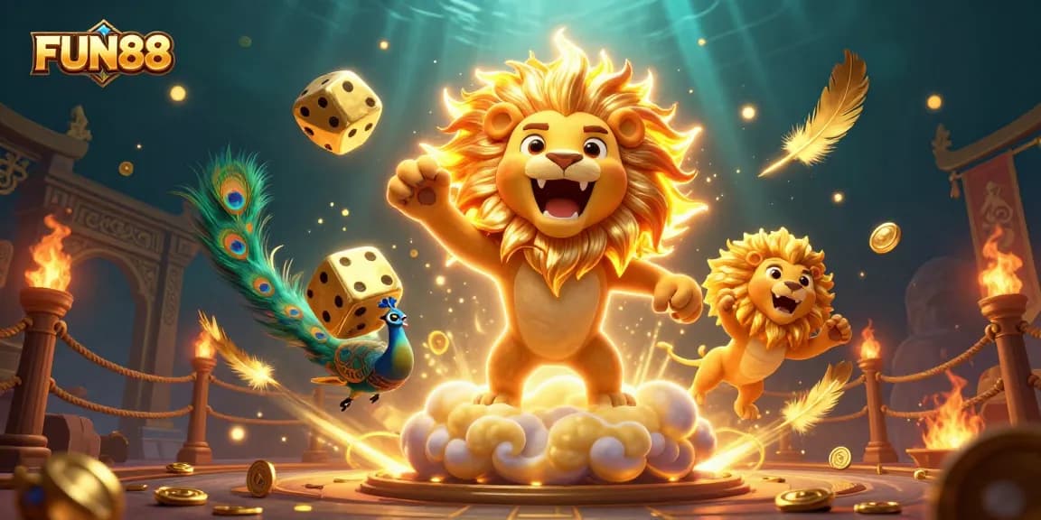 Experience thrilling gameplay with FUN88 as golden dice tumble and coins fly in a vibrant casino scene.
