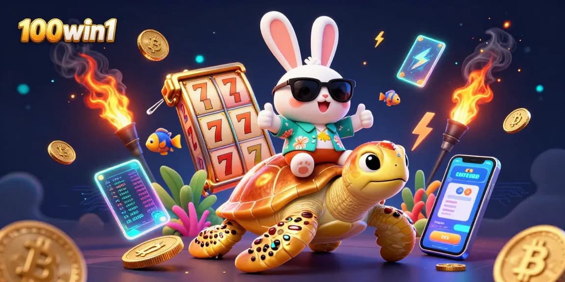 Bet and win big with 100win1's vibrant slot game illustration featuring lucky characters.