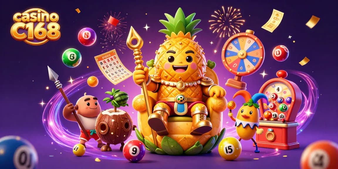 Experience the vibrant allure of casino C168 with a golden pineapple king and lively casino elements.