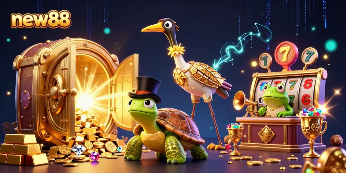 Experience the excitement at new88 with an illustrated scene of casino fun featuring vibrant characters and golden treasures.