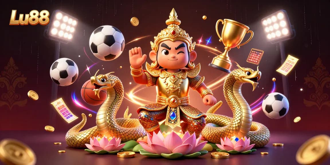 Lu88 offers an exciting sports betting experience, highlighted by golden trophies and dynamic sports elements.