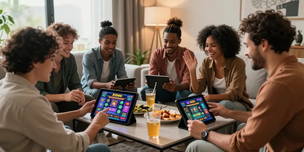 Friends enjoying KO66 casino games on a tablet in a cozy living room.