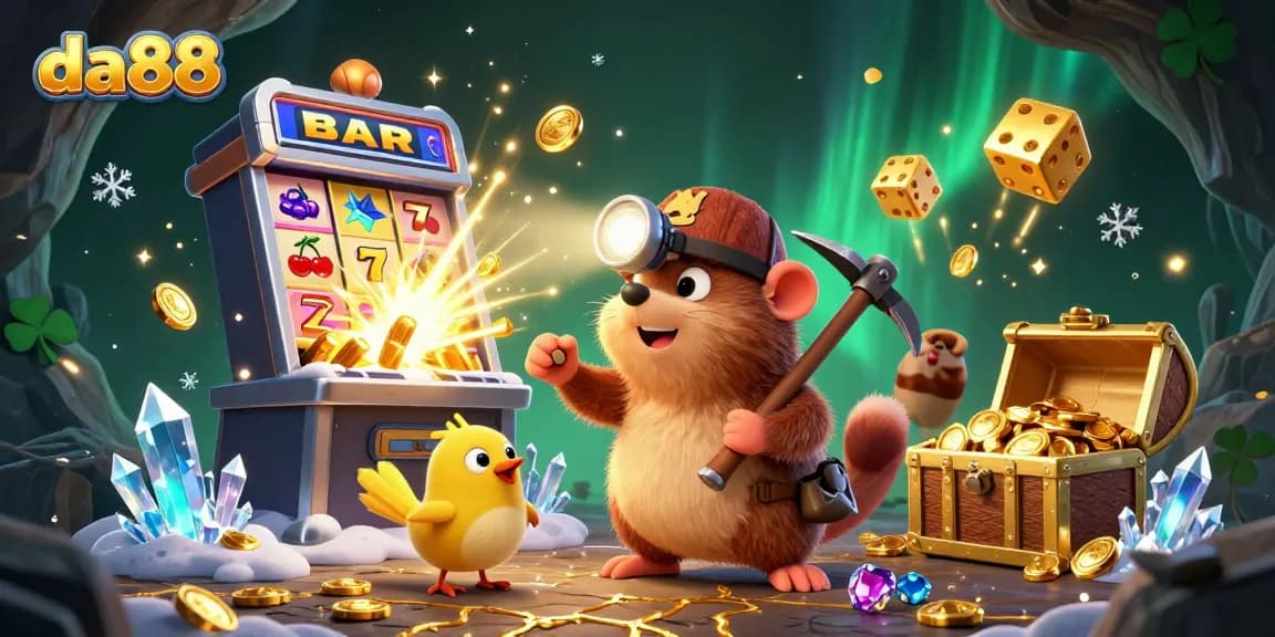 Experience thrilling jackpots at da88 with vibrant gaming elements and a treasure hunter in action!