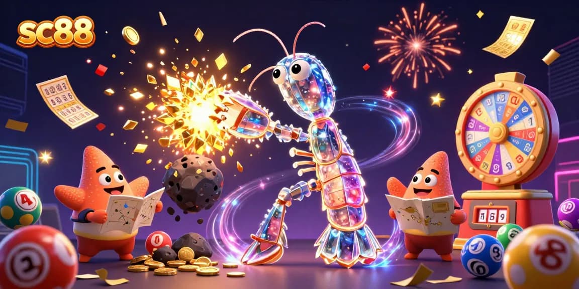 Engage with sc88 as the mantis shrimp triumphantly breaks through an asteroid showering gems.