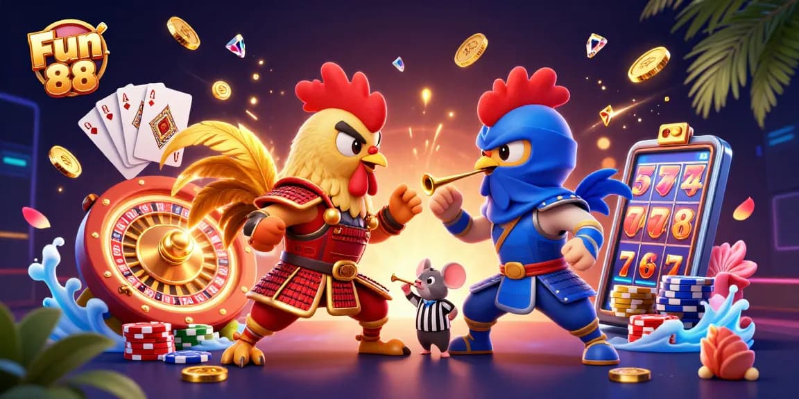Engage with Fun 88 in this thrilling 3D illustration featuring cartoon roosters in a dramatic standoff amidst a vibrant casino scene.