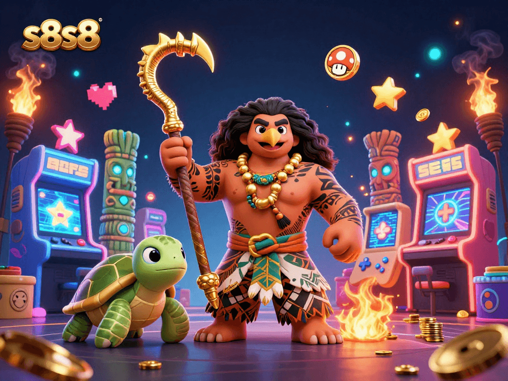 Join the excitement at s8s8 with stunning visuals featuring a demigod and gaming elements.