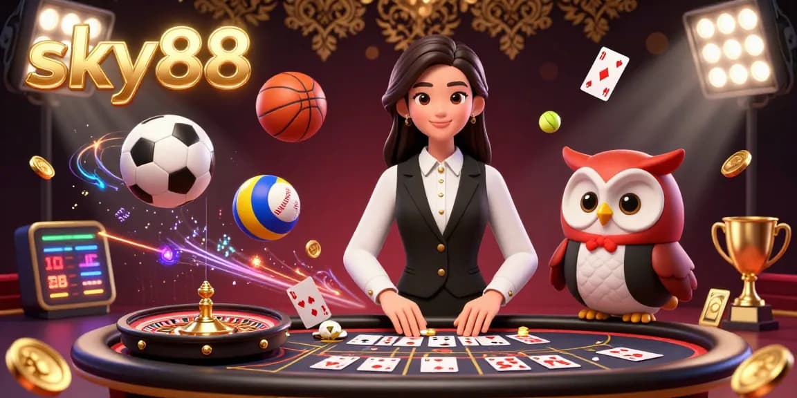 Experience the thrill of betting at sky88 with dynamic sports balls, baccarat elements, and a charming dealer duo.
