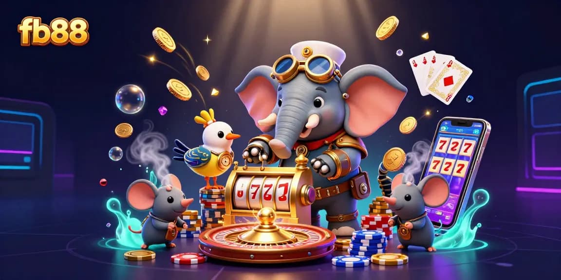 Experience the thrill of fb88 with a vibrant 3D casino illustration featuring lively characters and dynamic game elements.