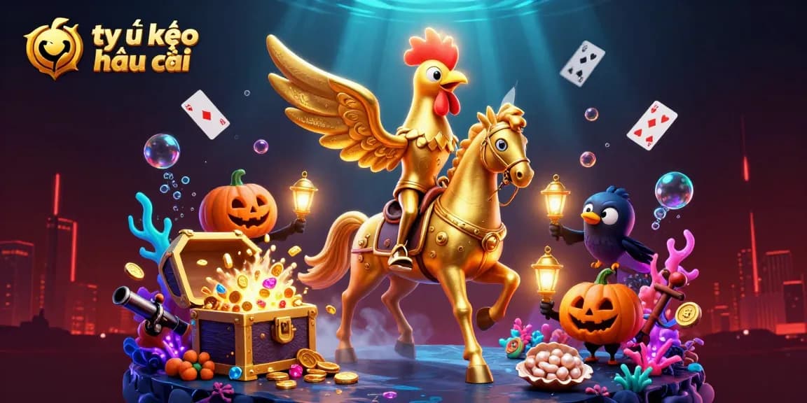 Engaging tỷ lệ kèo nhà cái scene featuring a golden rooster riding a spectral horse amidst vibrant casino visuals.