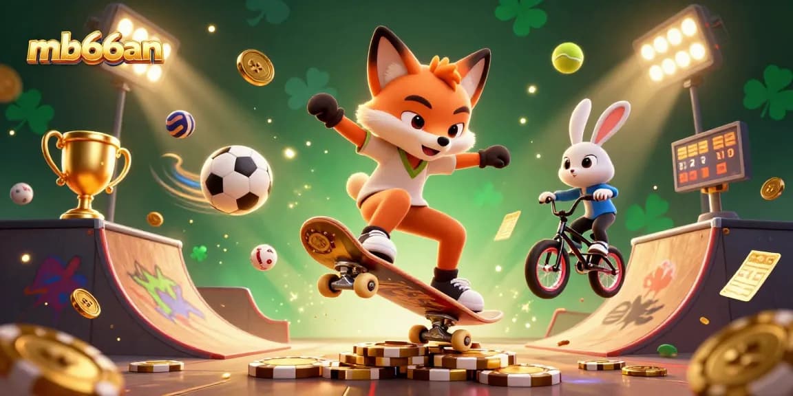Visualize mb66an as a vibrant casino-themed scene with animated fox and rabbit engaging in sports!