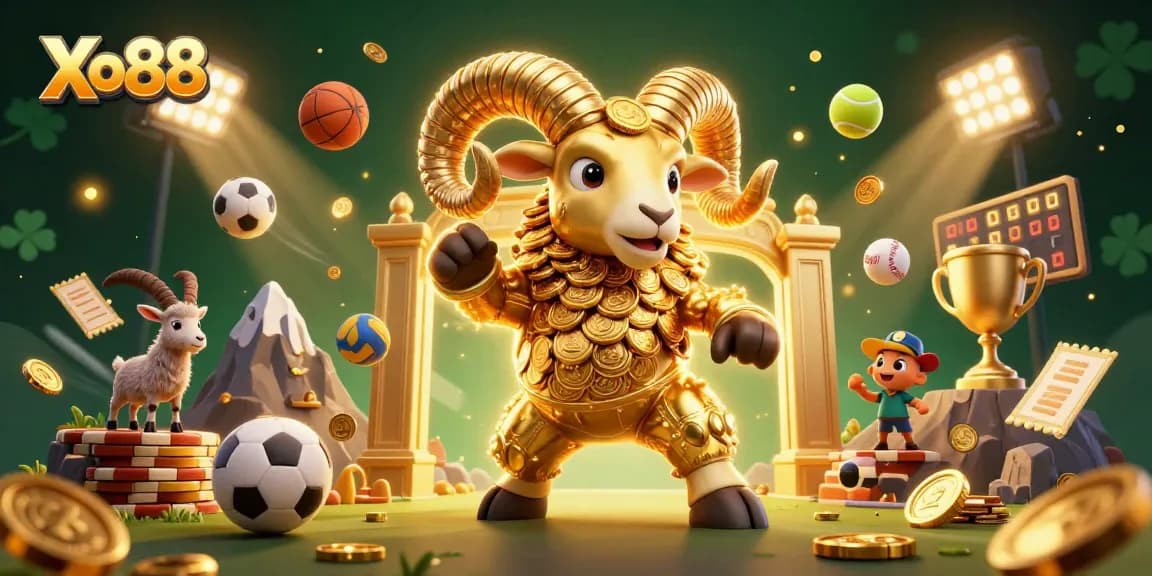 Xo88's thrilling sports betting experience illustrated with a golden ram, sports balls, and vibrant casino elements.