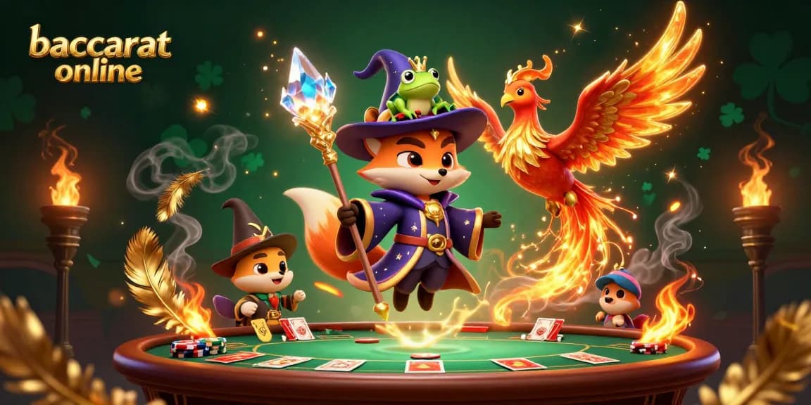 Engage with baccarat online in a mystical setting featuring a wizard fox, phoenix, and enchanted elements.