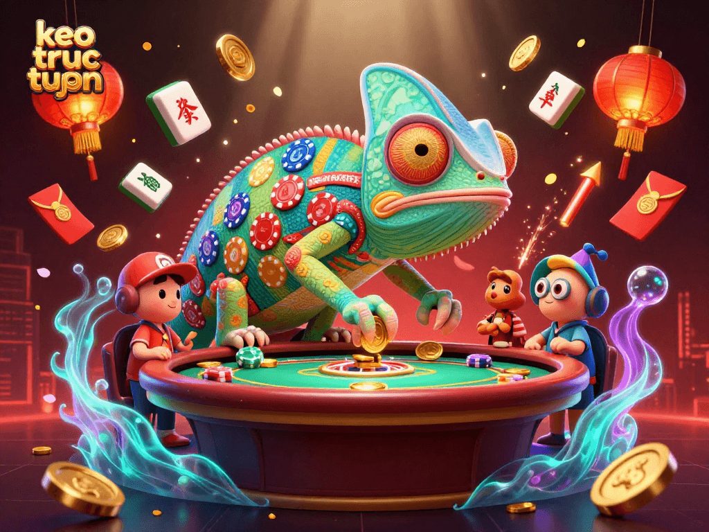 Bet and win at keo truc tuyen with vibrant gaming elements and dynamic chameleon character.