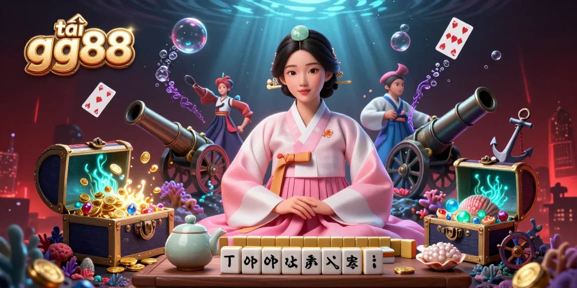 Experience the excitement of tải gg88 with lively casino elements and a serene Asian lady in traditional attire.