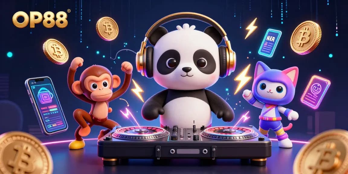Engage in thrilling gameplay at OP88 with a vibrant 3D casino illustration featuring DJ panda and exciting crypto elements.