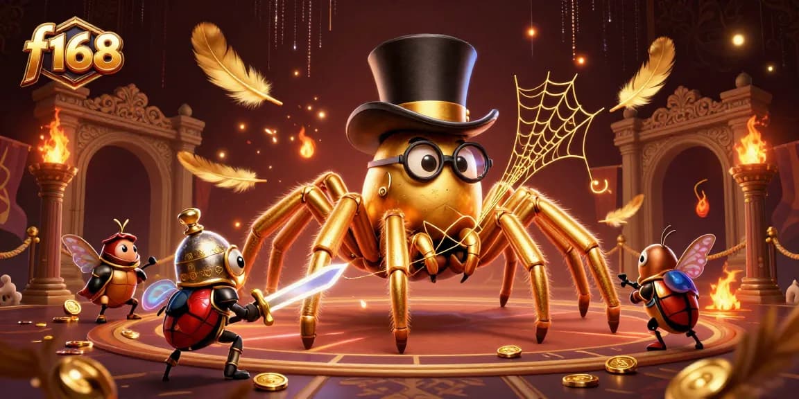 Join the action at f168 with a giant golden tarantula and beetle knight in a vibrant casino scene.