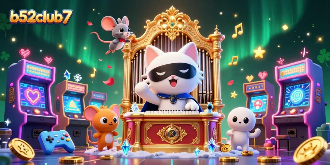 Engage with b52club7 in a vibrant casino scene featuring a cat organist and mouse acrobat.