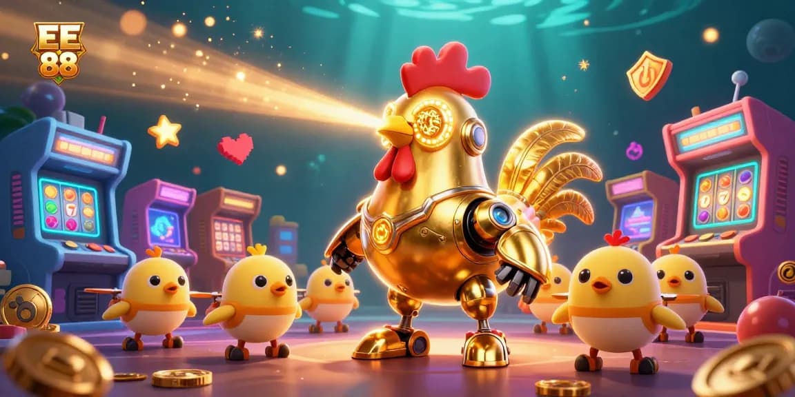 Engage in thrilling gameplay with EE 88, featuring a golden rooster robot and vibrant casino machines.
