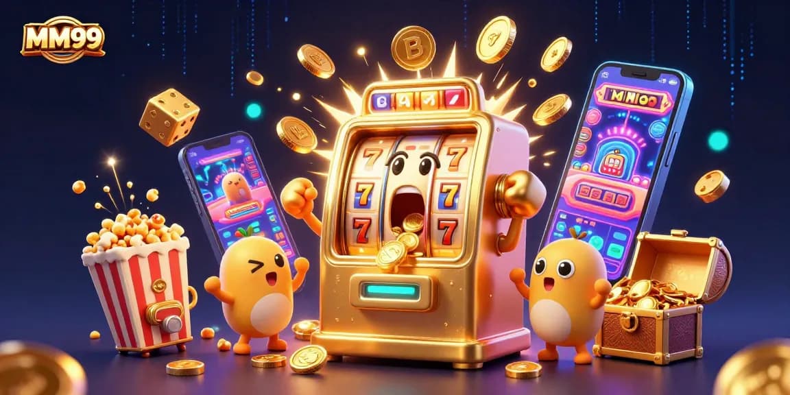 Experience the vibrant MM99 casino atmosphere with a golden slot machine hitting the jackpot in a detailed illustration.
