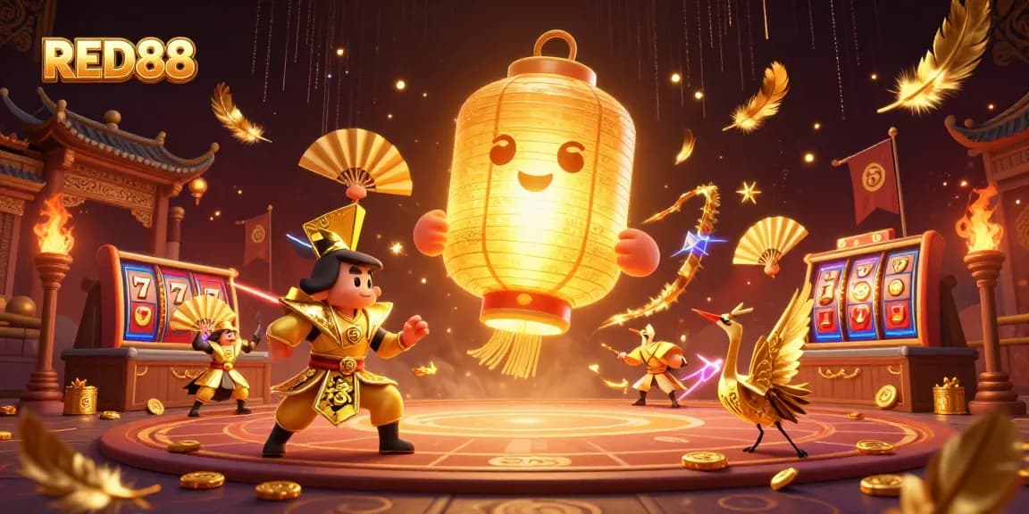 Experience RED88's vibrant night market casino with lucky symbols, slot reels, and golden lantern spirit.