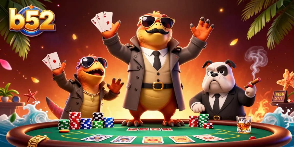 Enter the b52 casino with charming raptors in disguise, vibrant poker elements surrounding them.