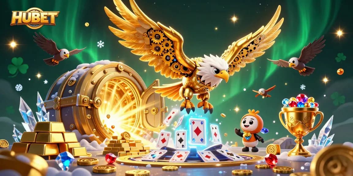 HUBET casino features a cybernetic golden eagle soaring past holographic cards and treasures.