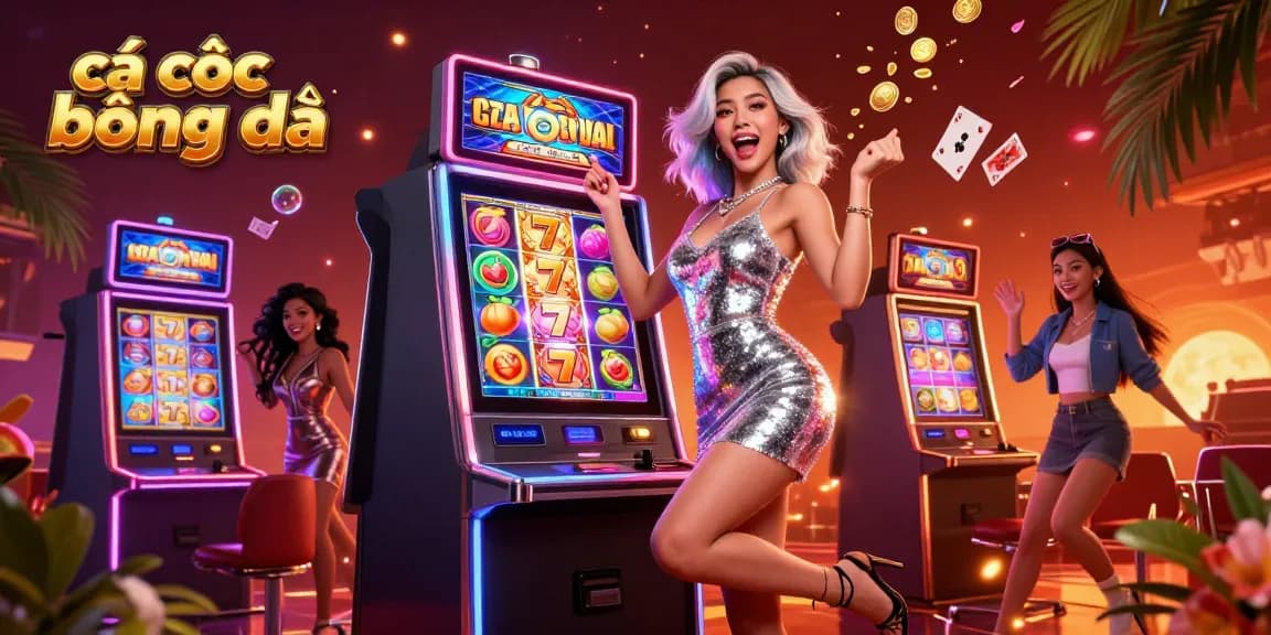 Cá cược bóng đá scene with an Asian woman celebrating a jackpot at a slot machine, surrounded by vibrant casino elements.
