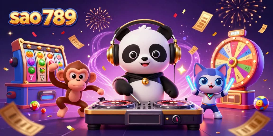 Experience the thrill of playing at sao 789 with vibrant slot reels and festive characters in a casino scene.