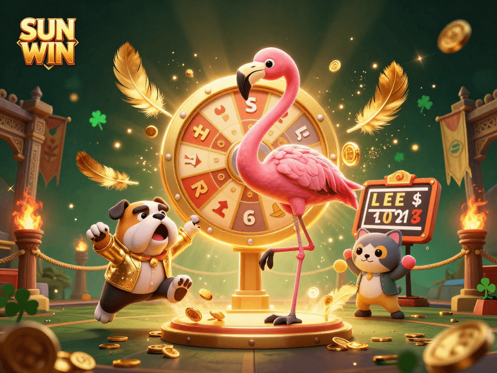 Join the excitement at SUN WIN with a vibrant 3D casino scene of a flamingo host and bulldog contestant.