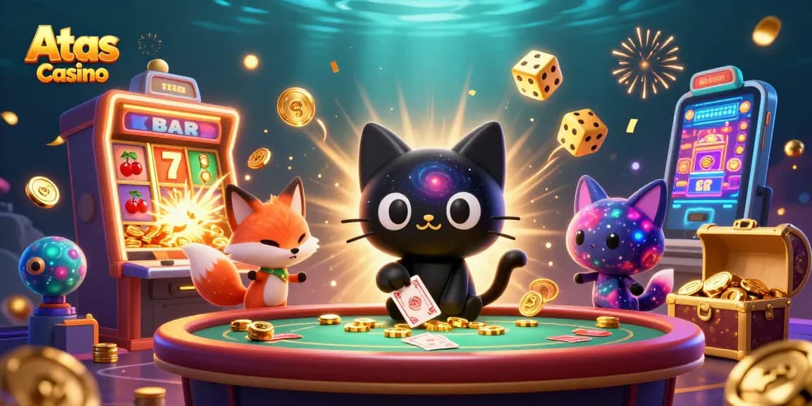 Experience thrilling gaming excitement at Atas Casino with vibrant characters and dynamic casino elements.