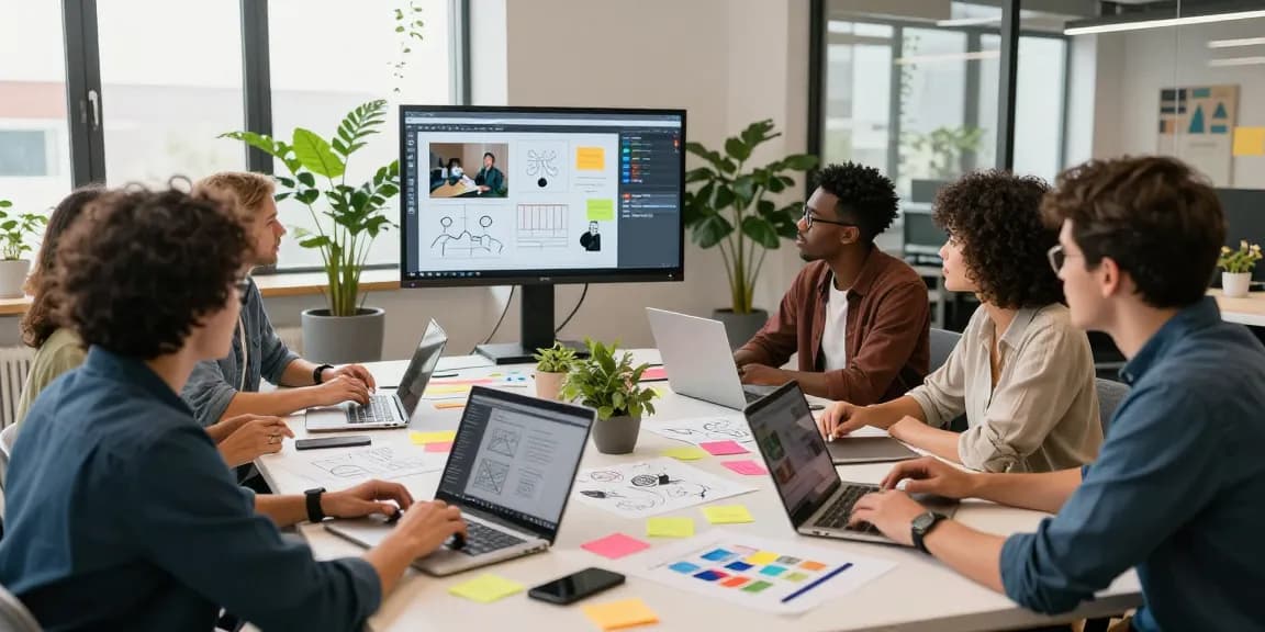 Diverse team collaboratively using a mix board for brainstorming in a modern workspace.