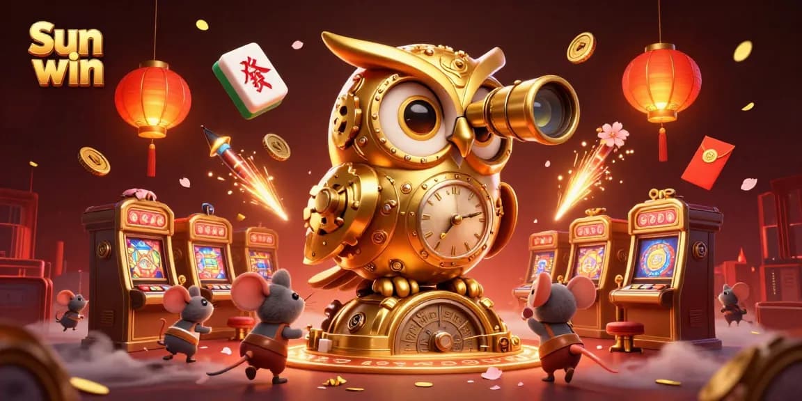 Enjoy Sun win's electrifying casino vibes with a lively clockwork owl and vibrant gameplay elements.