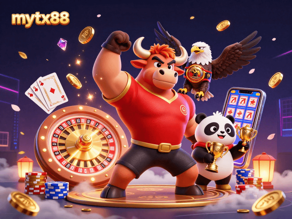 Witness the excitement of mytx88 as the lively bull mascot and friends celebrate wins in a vibrant casino scene.