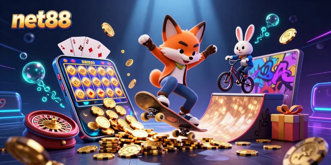 Experience the thrilling gameplay of net88 with a fox and rabbit in a vibrant casino setting.