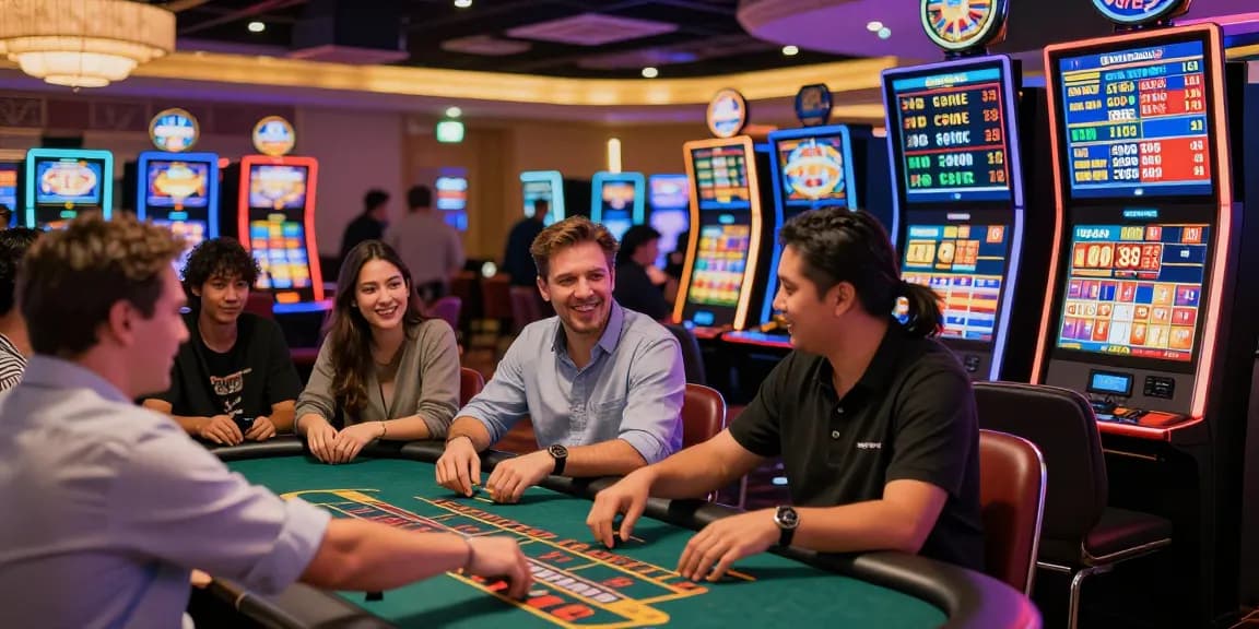 LUCK8 players enjoying diverse games amidst a vibrant casino atmosphere, filled with excitement and colorful lights.